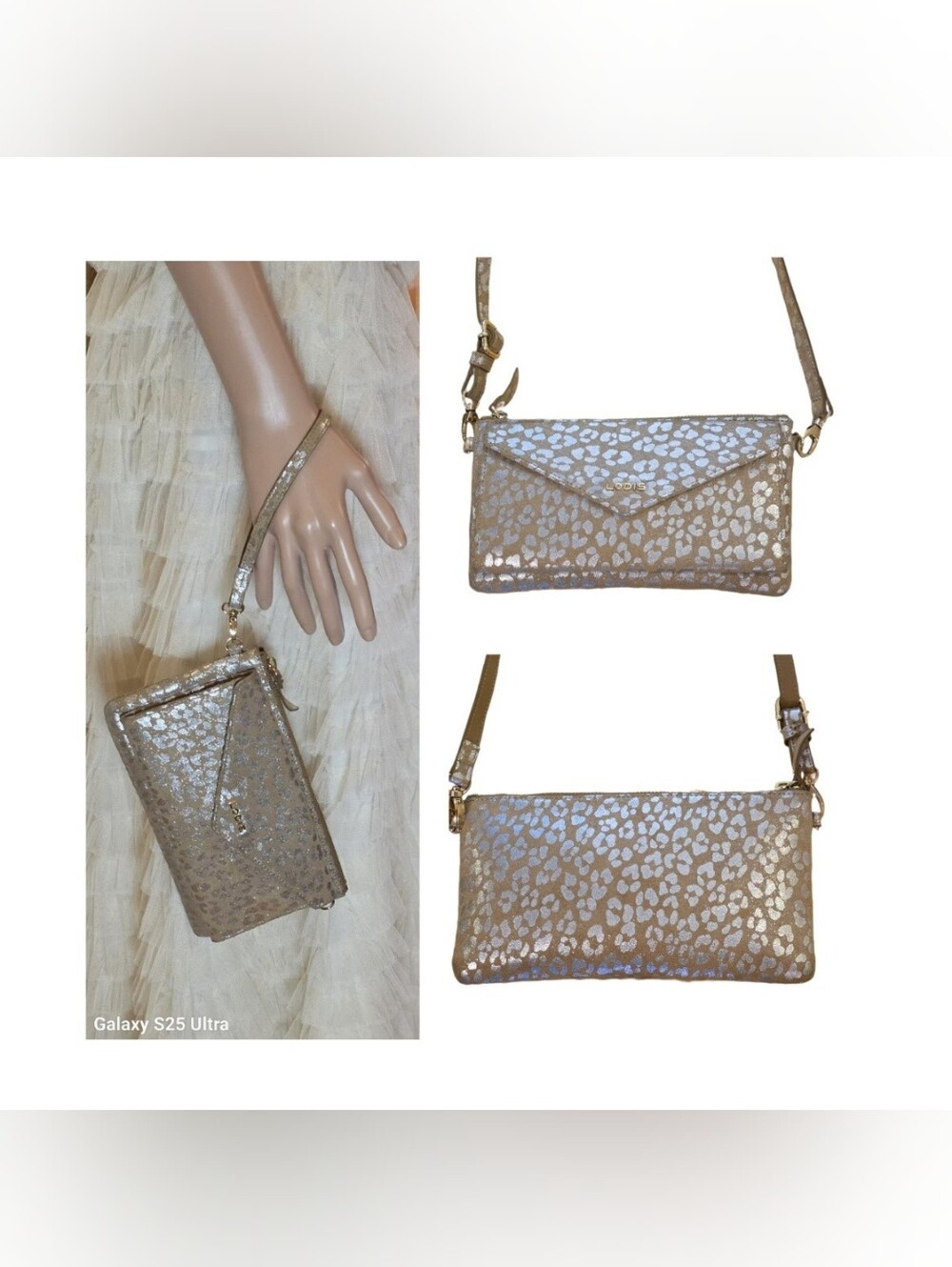 Lodis Metallic Gold Silver Leopard Leather Convertible Crossbody Wallet Clutch
